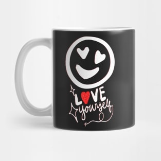 Emoji Love yourself very much!. Happy emoji face with red and white hearts. Mug